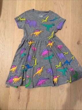 Chaser Girls Gray Multicolor Dinosaur Print Twirl Short Sleeve Dress size 7
